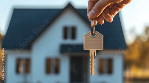 Hand Holding House Key with Modern Home in Background, Symbolizing New Beginnings and Home Ownership Opportunities