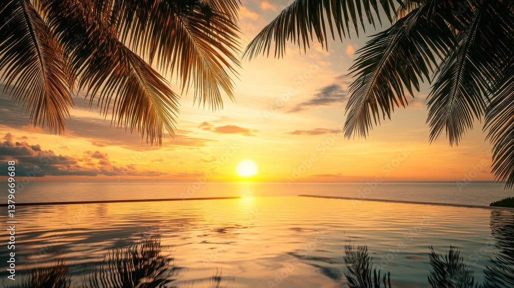 Fototapeta premium Beachside infinity pool reflecting the sunset with palm trees framing a perfect tropical evening.