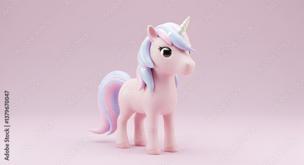 Fototapeta premium A cute pastel pink unicorn with a sparkling mane and tail stands on a matching pink background.