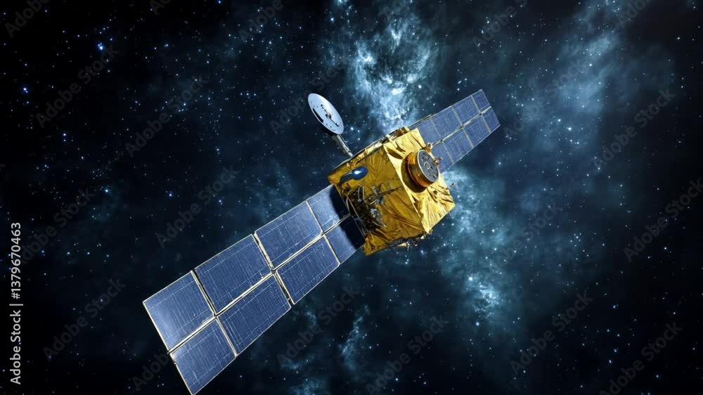 El satélite flota y gira lentamente en el espacio profundo, las estrellas distantes centellean y las superficies metálicas reflejan la luz de las estrellas.