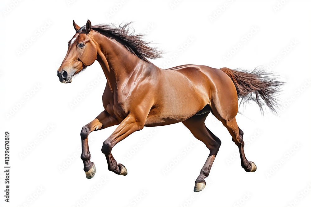 Running Brown Horse with Flowing Mane on White Background Running Brown Horse with Flowing Mane on White Background