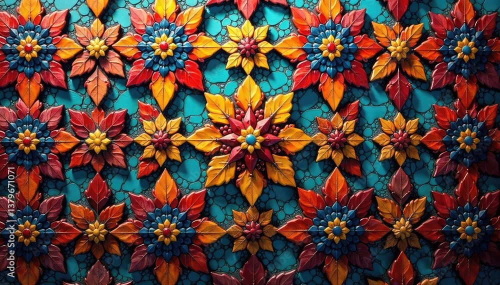 Fototapeta premium Intricate geometric tilework, vibrant colors and shapes , seamless pattern, tile, background