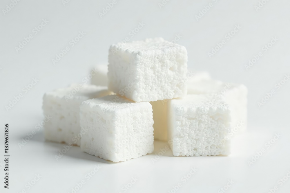 Lumps of refined white sugar against white backdrop, candy, white sugar, pure Lumps of refined white sugar against white backdrop, candy, white sugar, pure
