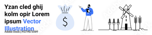 Man analyzing agricultural yield, bag of money symbolizing profit, windmill, wheat, and clipboard. Ideal for finance, agriculture, sustainability, rural development investment economics simple