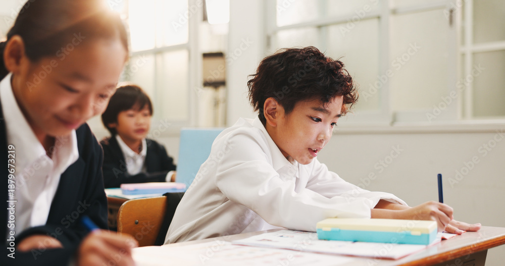 Japanese, children and writing for education in classroom, creative learning and art assessment of growth. Students, stationery and drawing sketch with studying, knowledge and project lesson in Japan Japanese, children and writing for education in classroom, creative learning and art assessment of growth. Students, stationery and drawing sketch with studying, knowledge and project lesson in Japan