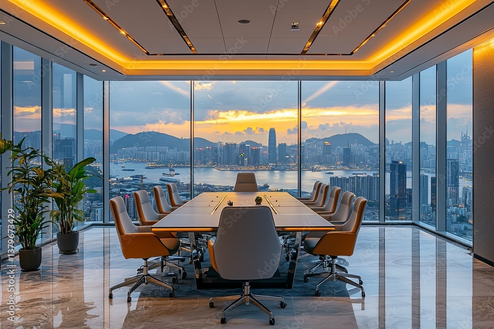 Fototapeta premium A Modern Boardroom Offers Stunning Panoramic Cityscape Views at Dusk