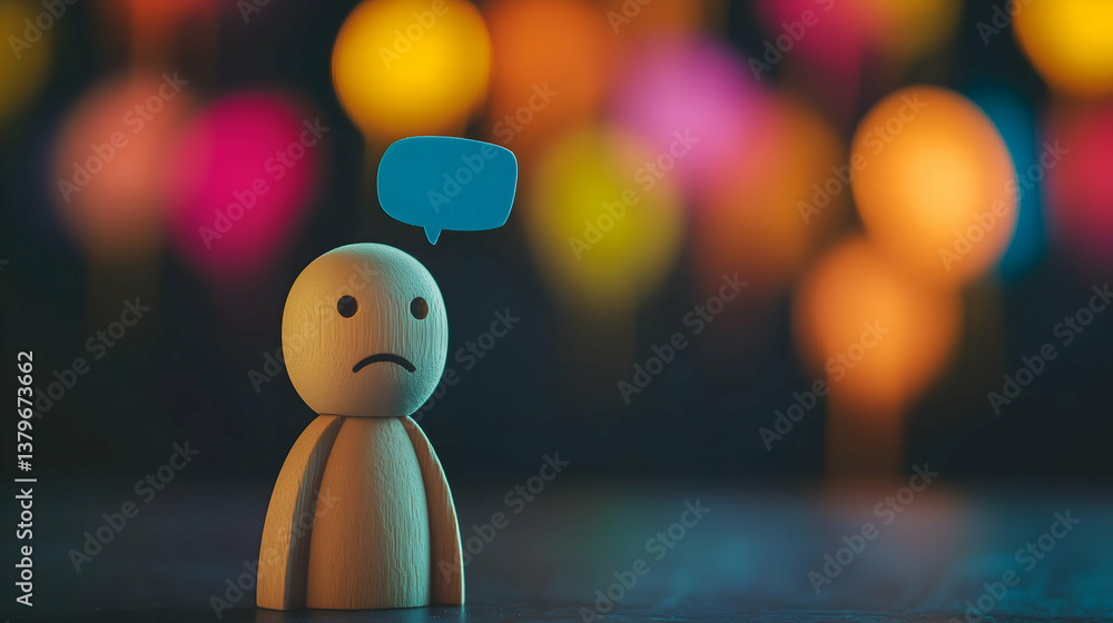 Sad Wooden Character with Speech Bubble in Colorful Bokeh Background