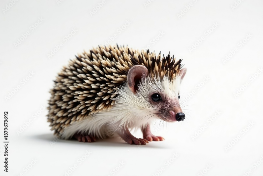 Obraz premium Tiny hedgehog, curled in defense, on pure white background, dark, nature photography