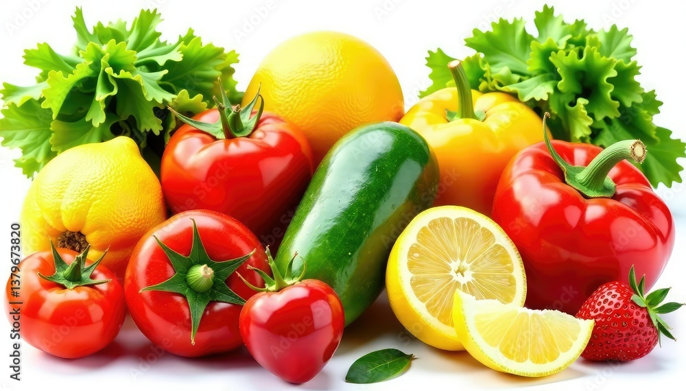 Variety of organic fruits and vegetables isolated on white, unprocessed, diet Variety of organic fruits and vegetables isolated on white, unprocessed, diet