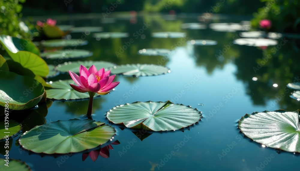 Fototapeta premium Water lilies and other flora create a repeating pattern on still lake, water, organic