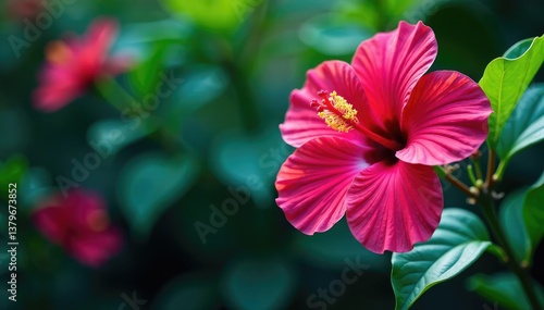 Vibrant hibiscus & tropical foliage, continuous print, background, foliage, floral