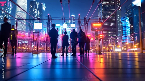 Night city street scene with people