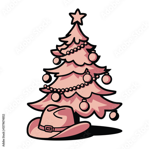 Pink Christmas Tree with Ornaments and Cowboy Hat Illustration