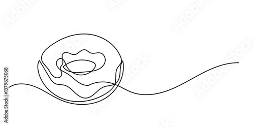 Donut One Line Drawing, Isolated on White Background