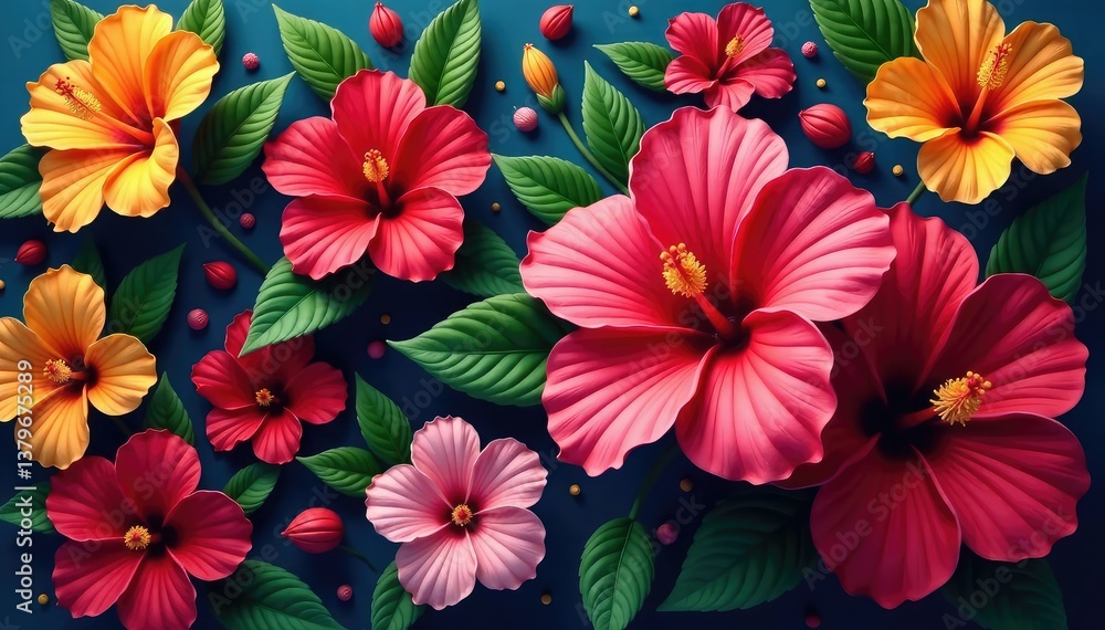 Bold, stylized hibiscus blooms in a vibrant, densely packed arrangement , tropical flower, flower, hibiscus flower Bold, stylized hibiscus blooms in a vibrant, densely packed arrangement , tropical flower, flower, hibiscus flower