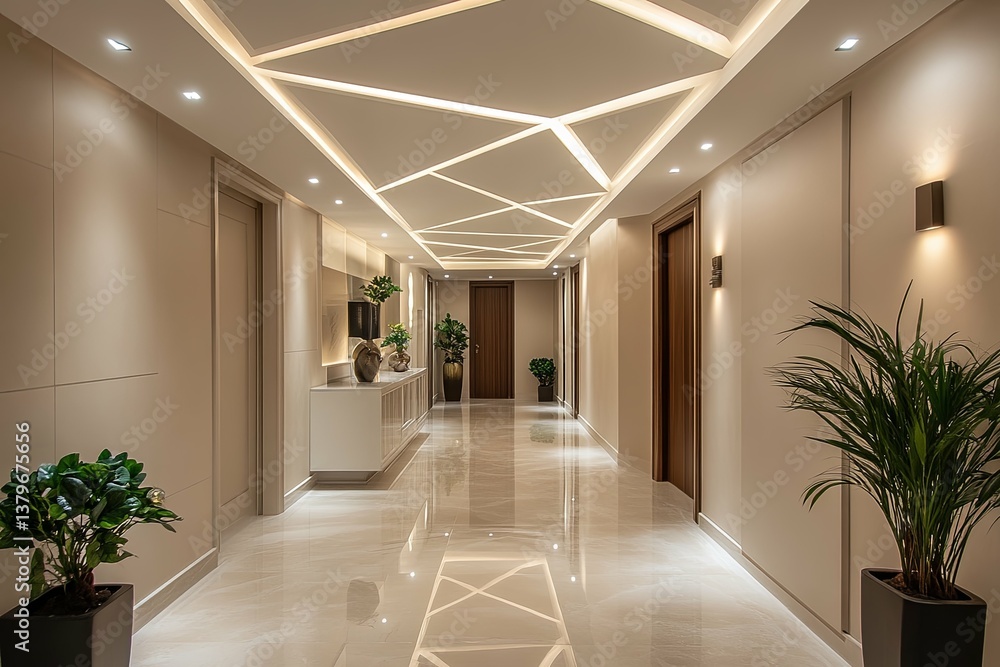 Obraz premium A long hallway with interesting ceiling lights and decor