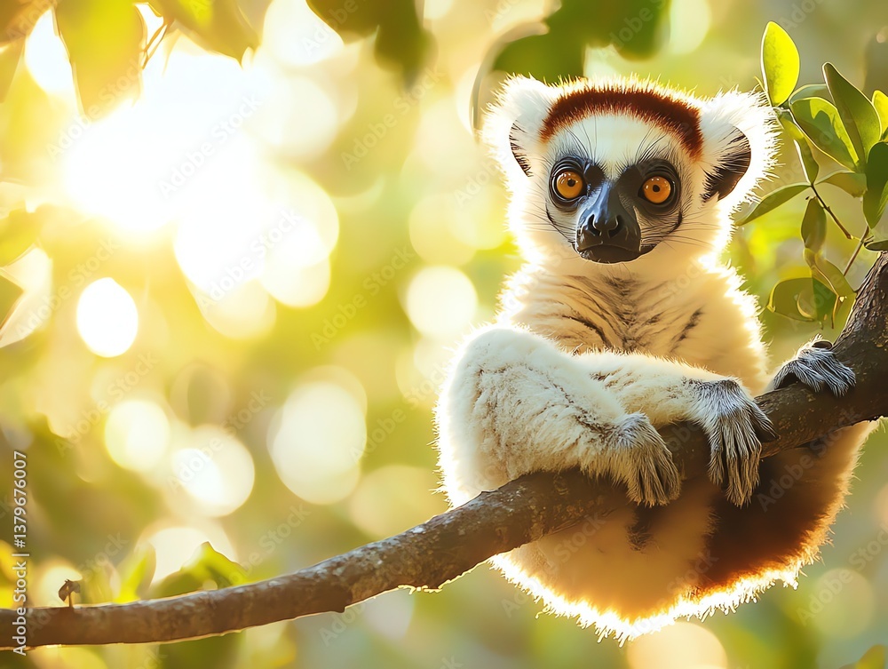 Fototapeta premium Crowned Sifaka Lemur Resting on Tree Branch in Golden Light