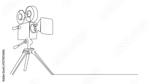 Continuous Line Drawing of a Vintage Movie Camera on White