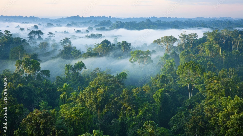 Mist rising from a dense forest in the morning