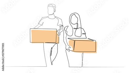 Continuous Line Drawing of Couple Moving Boxes on White Background