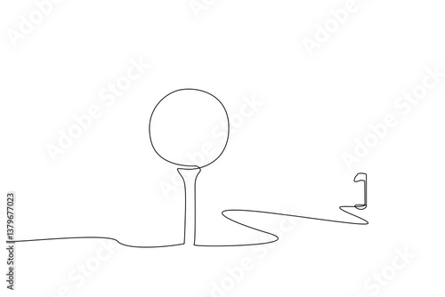 Golf Ball and Tee One Line Drawing, Isolated on White