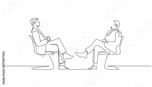 Continuous Line Drawing of Two Businessmen in Conversation, Isolated on White