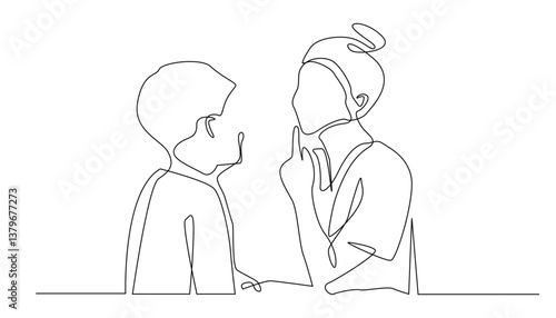 Continuous Line Drawing of Woman Talking to a Boy Isolated on White