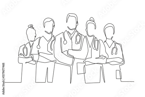 Medical Team Continuous Line Drawing on White Background.