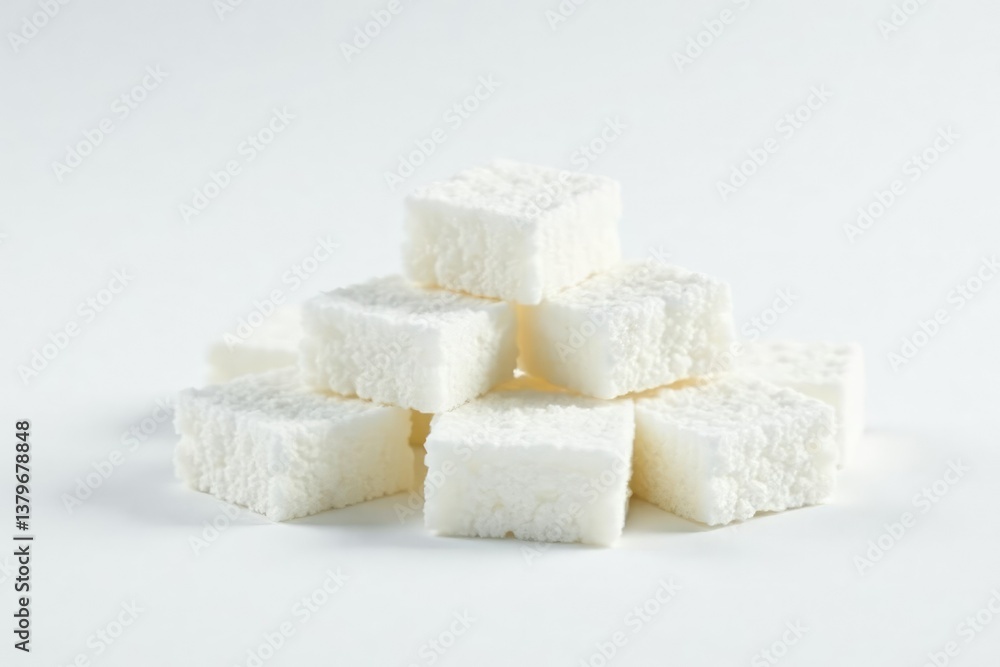 Lumps of refined white sugar against white backdrop, culinary, dessert Lumps of refined white sugar against white backdrop, culinary, dessert