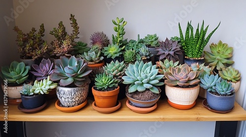 Wallpaper Mural Assortment of Succulents in Decorative Pots Displayed on a Wooden Shelf Torontodigital.ca