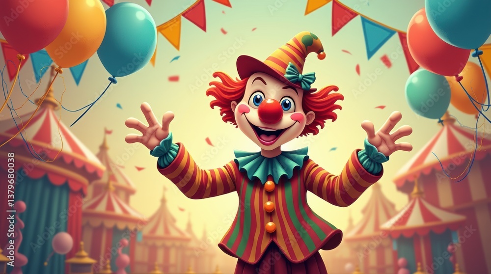 illustration depicting a clown in a colorful costume, complete with a big red nose and playful expression illustration depicting a clown in a colorful costume, complete with a big red nose and playful expression