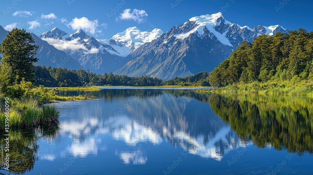 Serene alpine lake reflects snow-capped peaks Serene alpine lake reflects snow-capped peaks