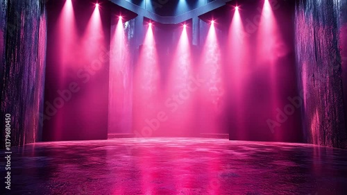 A vibrant scene with pink lighting and mist fills the space, creating a dynamic atmosphere suitable for performances or artistic events.