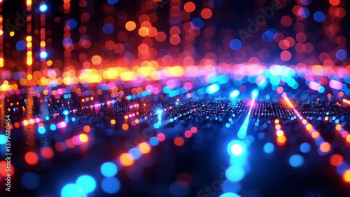 A vibrant display of colorful lights, resembling a digital landscape illuminated by blue and red dots against a dark background.
