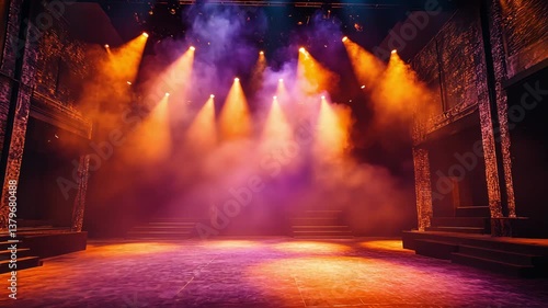 A dimly lit stage with dramatic lighting effects and haze, creating a vibrant atmosphere perfect for a performance or event.