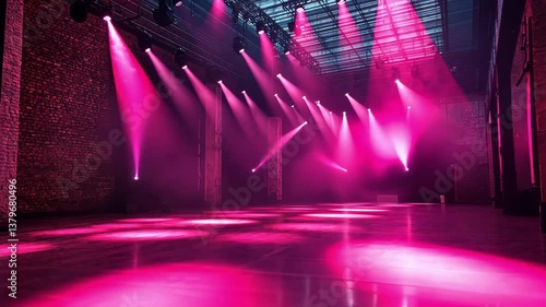 A vibrant scene featuring pink stage lights illuminating a performance space filled with fog, creating an energetic and dramatic atmosphere.