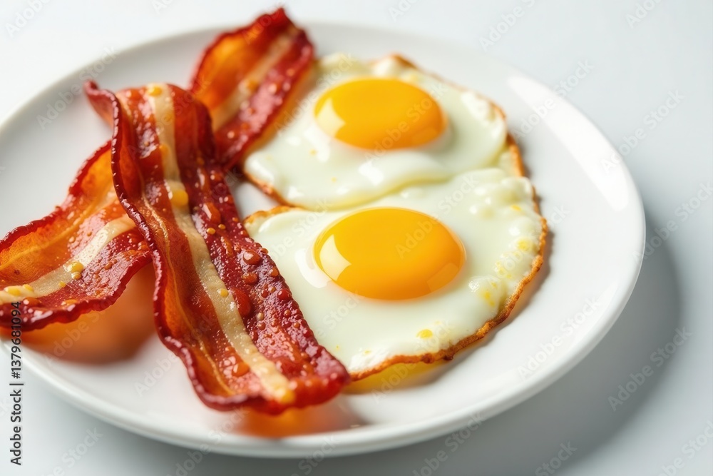 Golden fried eggs, perfectly cooked bacon, white backdrop , simple breakfast, meal, tasty Golden fried eggs, perfectly cooked bacon, white backdrop , simple breakfast, meal, tasty