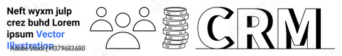 Three user icons, stacked database design, and bold CRM text highlight team collaboration, data organization, and customer relationship management. Ideal for business, marketing, analytics, CRM
