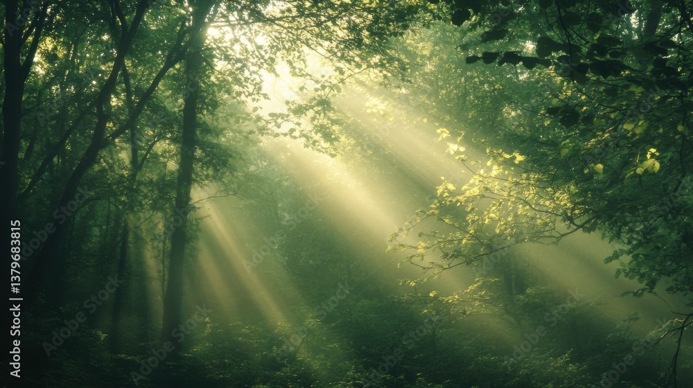 Obraz premium Sunlight filtering through the woodland canopy