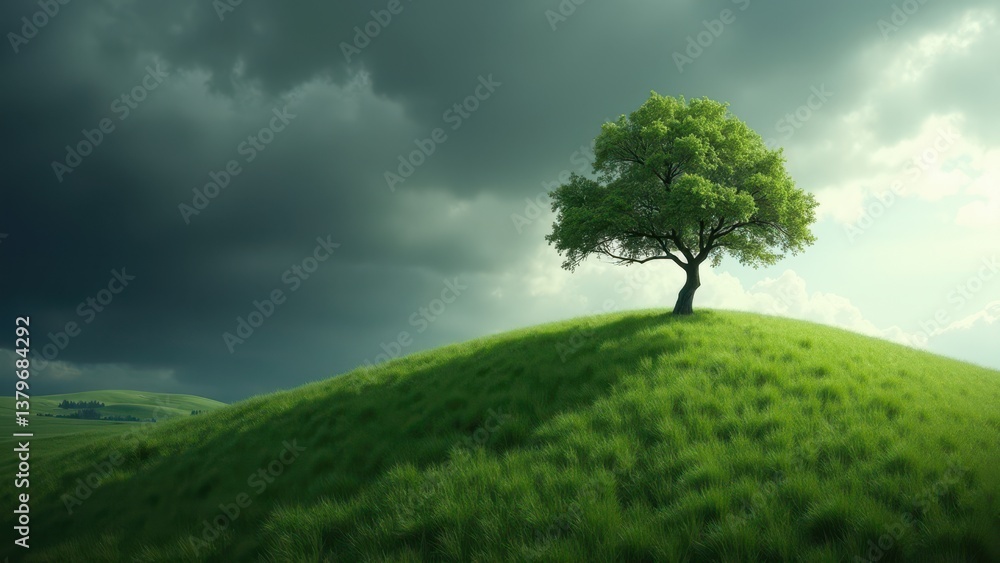 Obraz premium Lone green tree on grassy hill under dramatic cloudy sky with light breaking through 