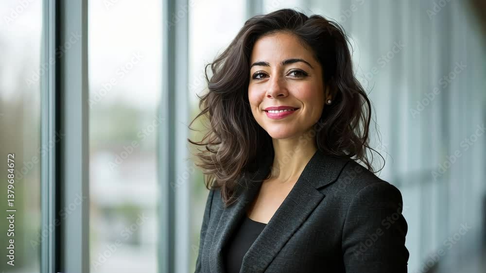 Elegant businesswoman with curly hair wearing black suit, standing confidently in a high-rise office setting. Elegant businesswoman with curly hair wearing black suit, standing confidently in a high-rise office setting.