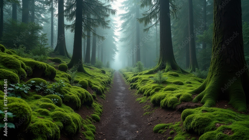 Fototapeta premium Moss-covered forest trail winding through tall pine trees in misty light 