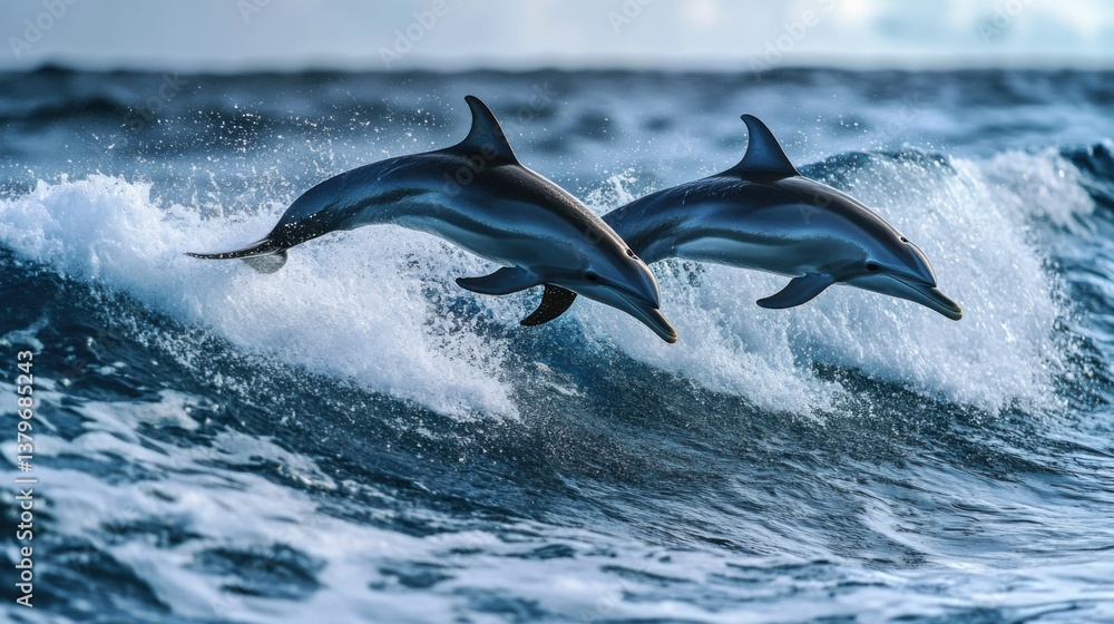 Fototapeta premium Playful dolphins leap gracefully above the ocean waves