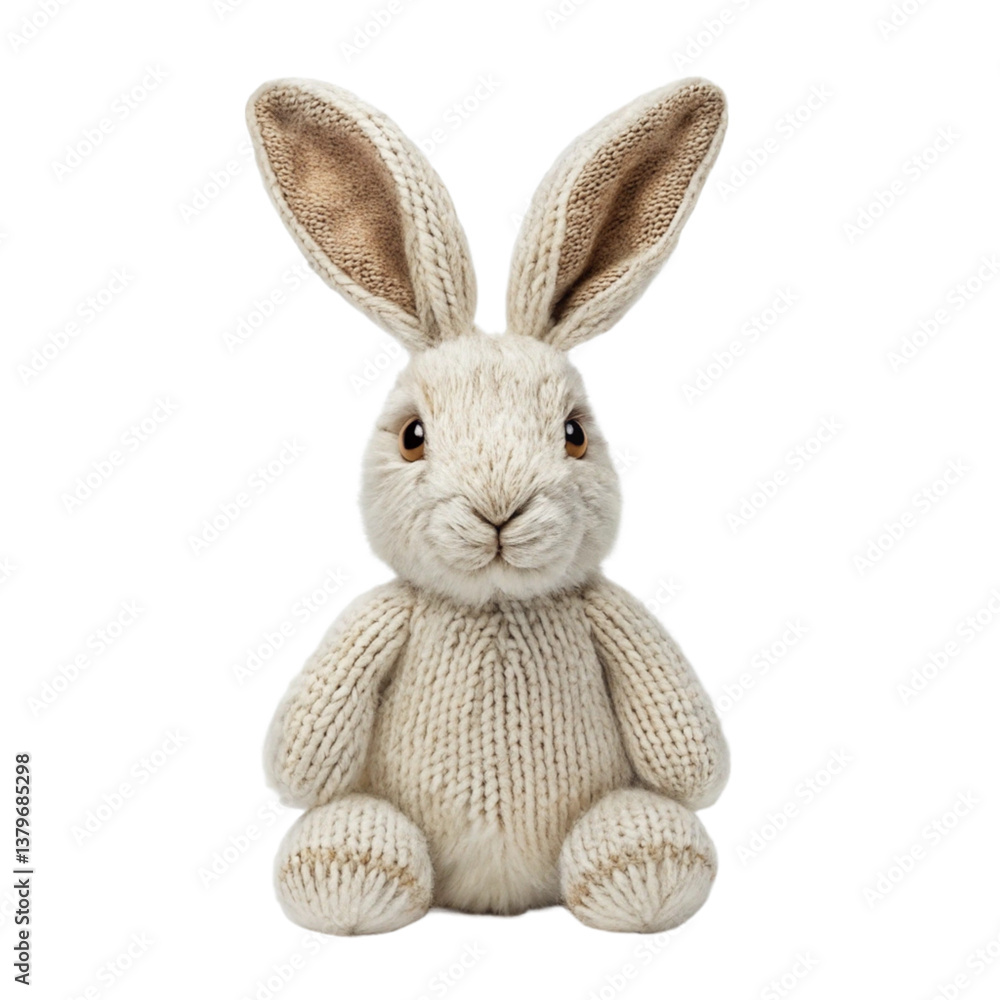 Obraz premium Adorable Knitted Beige Bunny Rabbit Toy Soft Plush Easter Decoration transparent background Generative AI
