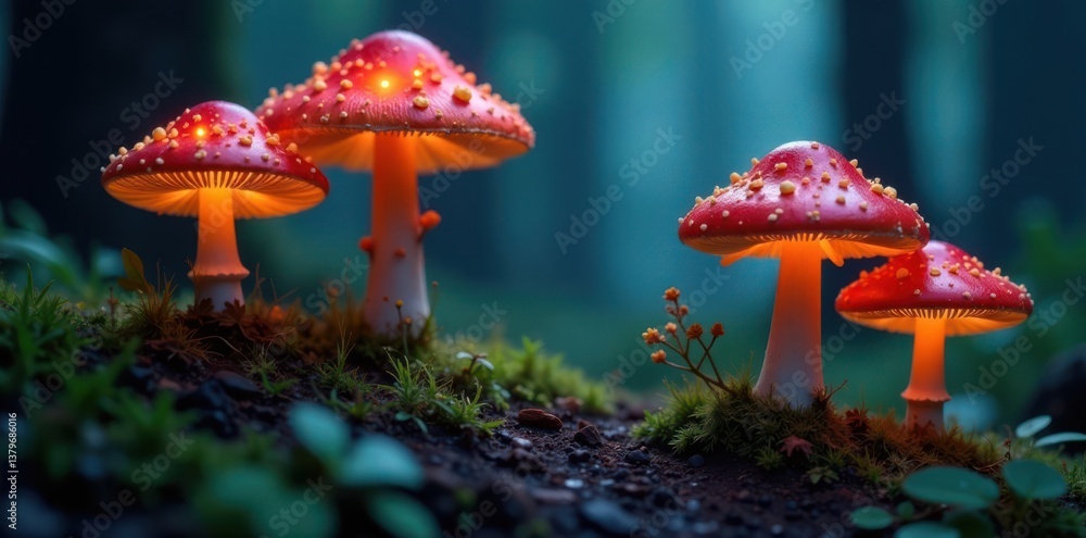 Fototapeta premium Glowing mushrooms in a mystical forest, mystic, eerie