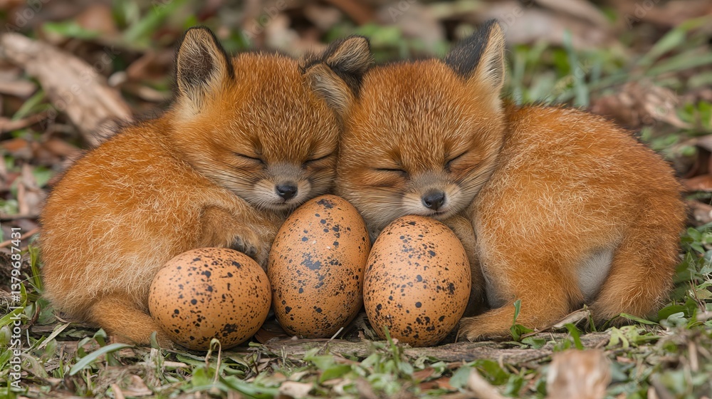 Naklejka premium Two baby foxes sleeping peacefully next to speckled bird eggs