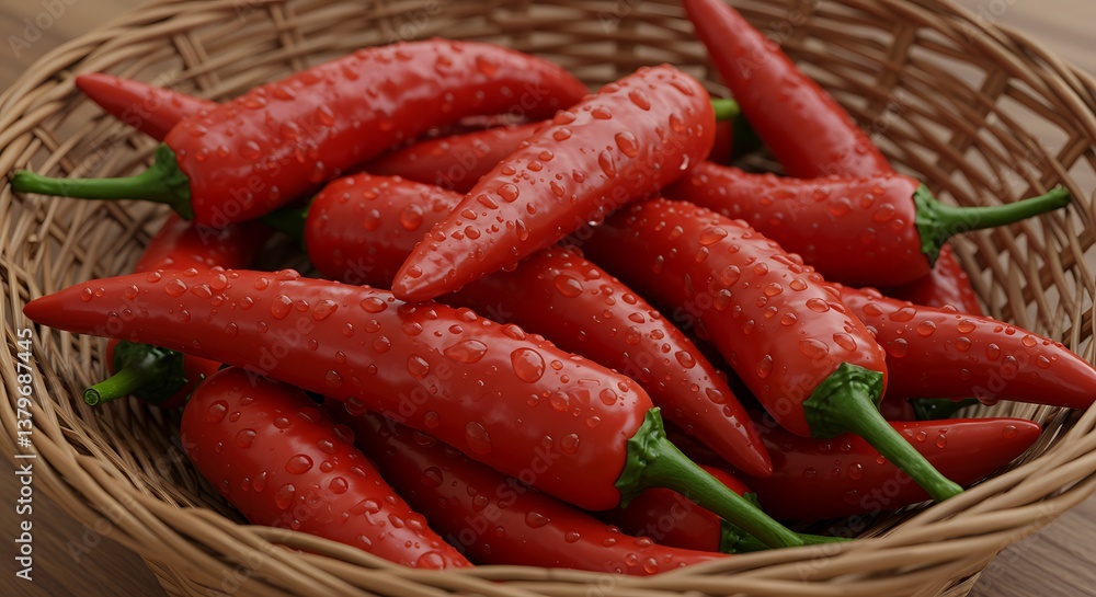 Fresh Red Chili Peppers in Wicker Basket with Water Droplets Fresh Red Chili Peppers in Wicker Basket with Water Droplets