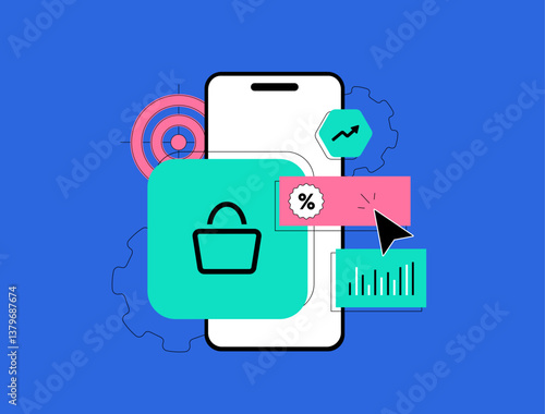E-commerce sales and discount marketing with first purchase offers, coupon management and push notifications for better conversion. E-commerce discount marketing vector illustration and icons