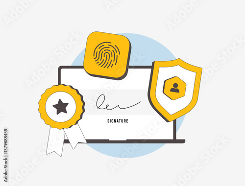 Electronic signature for secure online document signing, digital authentication, and biometric e-signature solutions. Paperwork with legally binding digital contracts. Vector illustration and icons