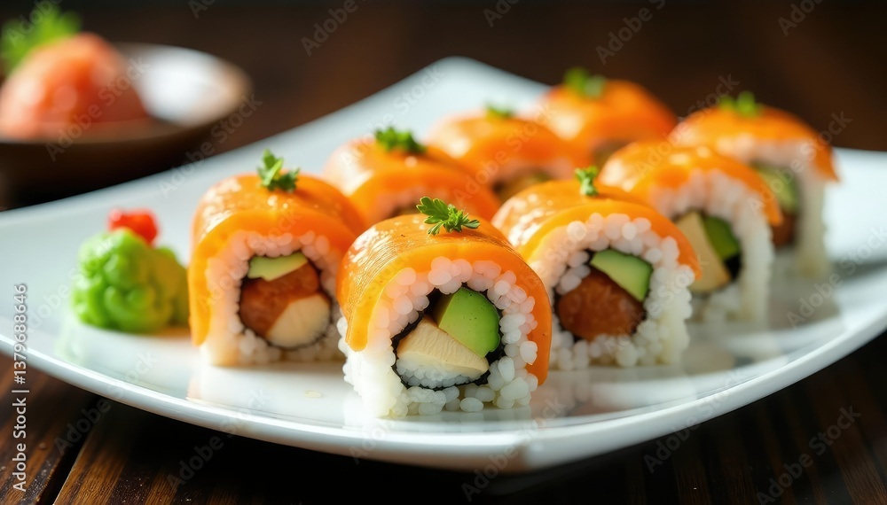 Variety of sushi rolls on white plate, soy sauce , soy sauce, rice, nigiri Variety of sushi rolls on white plate, soy sauce , soy sauce, rice, nigiri